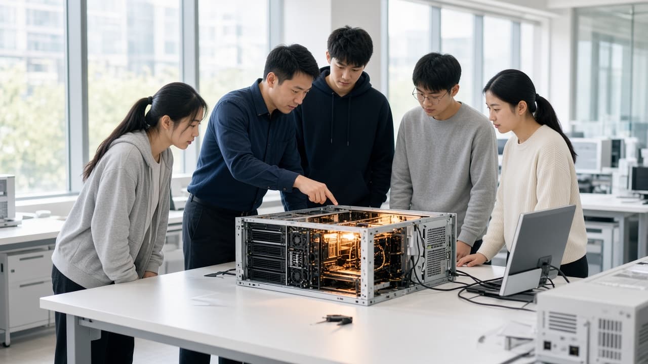 产业学院实训台上的算力硬件与指导场景